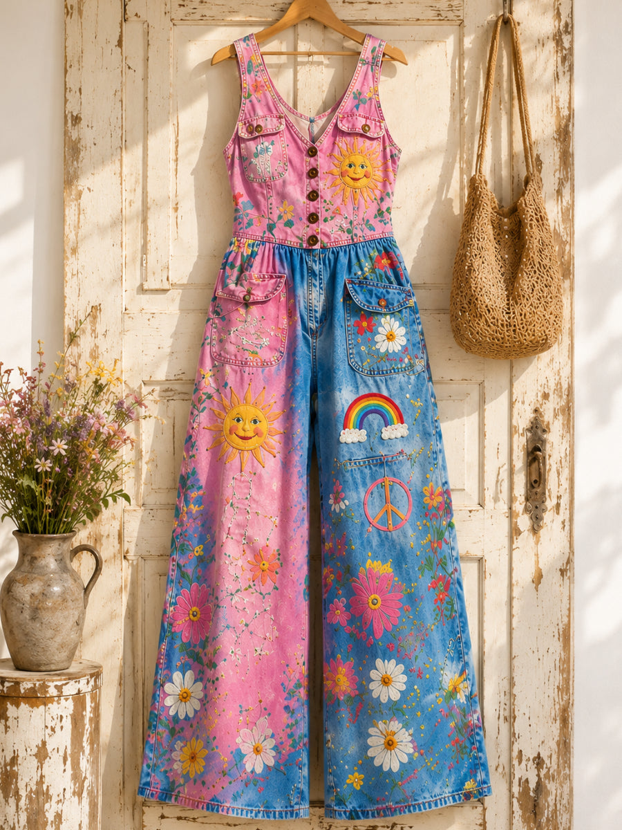 Women's Retro Style Art Print Washed Cotton Denim Pocket Patchwork Jumpsuit